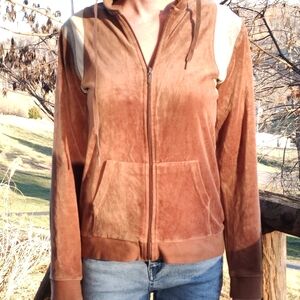 Vintage Brown Velour Hoodie with Cream and Gray Accents By Bunny Love